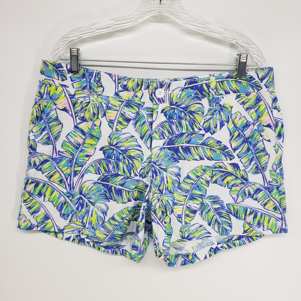 Tori Richard Tropical Palm Leaf Print Chino Shorts Womens 14 Blue Green White